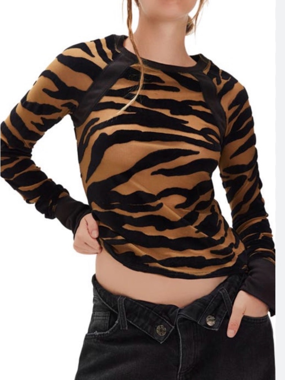 We The Free Tiger-Stripe Long Sleeve Top in Brown and Black Burnout Tiger
